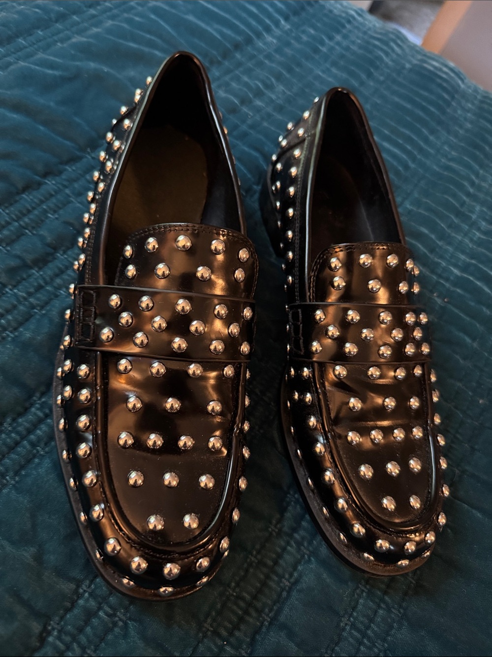 Studded Loafers Black Patent Faux Leather Penny Loafers Flats Silver Studs